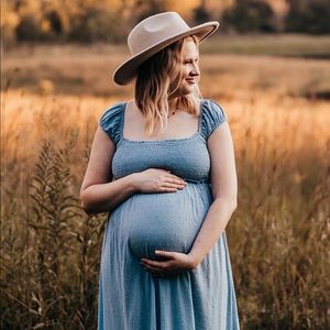 Pinkblush Blue Dotted Smocked Square Neck Criss Cross Back Maternity Maxi Dress